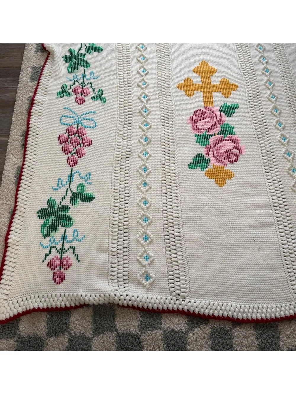 Vintage Crochet Granny Cross Easter Afghan Retro Roses Cross Stitch Blanket